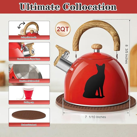 ARC Stainless Steel Red Whistling Tea Kettle, Magic Color Changing Design 2-Quart Stovetop Kettle Whistle Teapot with Folding Cup & Trivet Mat