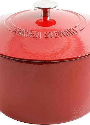 MARTHA STEWART Gatwick 7-Quart Enamel Cast Iron Dutch Oven – Red Ombre – Heavy-Duty Dutch Oven for Slow Cooking, Braising & Baking