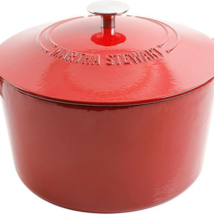 MARTHA STEWART Gatwick 7-Quart Enamel Cast Iron Dutch Oven Pot with Lid – Red – Durable Heavy-Duty Dutch Oven for Slow Cooking, Braising & Baking