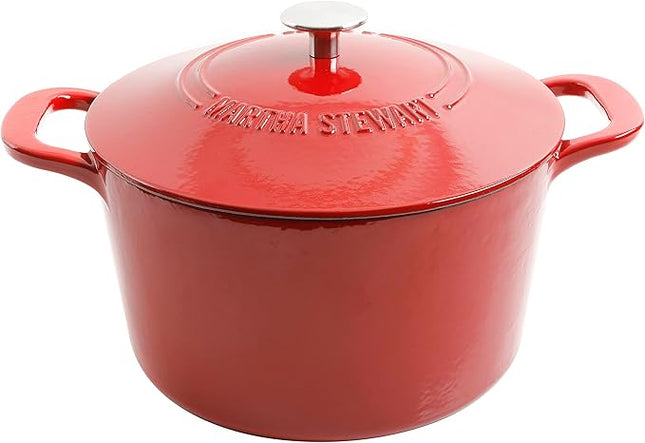 MARTHA STEWART Gatwick 7-Quart Enamel Cast Iron Dutch Oven Pot with Lid – Red – Durable Heavy-Duty Dutch Oven for Slow Cooking, Braising & Baking