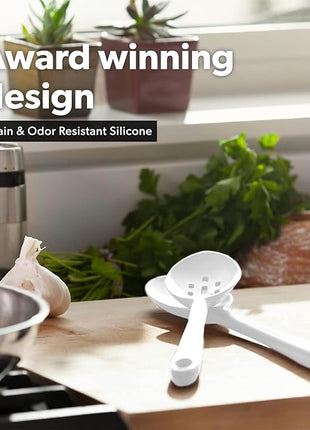 DI ORO Silicone Ladle & Spoons for Cooking – Large Kitchen Spoons for Mixing, Serving, & Stirring - Soup Ladle with Wide Bowl - High Heat Silicone Kitchen Utensils for Nonstick Cookware Safe (Stone)