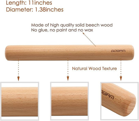 GOBAM Wood Rolling Pin, Small - Dough Roller for Pasta, Cookies, Pie, Pizza, Chapati, Fondant, Rolling Pins for Baking, Bread Making Tools and Supplies - 11 x 1.38 Inches