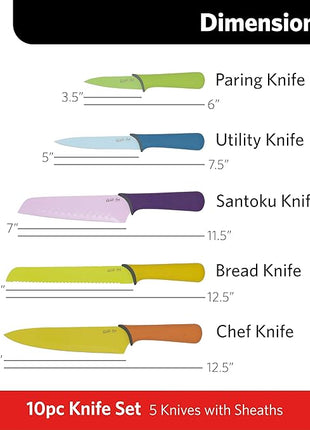 GLAD Knife Set for Kitchen – Stainless Steel Chef Knives with Sheaths | Sharp Colored Blades with Non-Slip Handles | Assorted Nonstick Cooking Essentials for Home