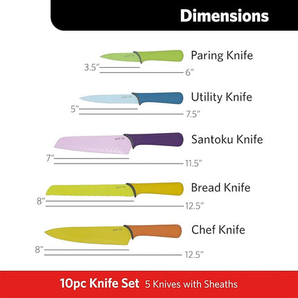 GLAD Knife Set for Kitchen – Stainless Steel Chef Knives with Sheaths | Sharp Colored Blades with Non-Slip Handles | Assorted Nonstick Cooking Essentials for Home