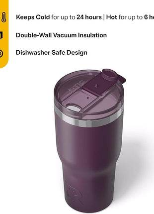 RTIC 30oz Essential Tumbler with Lid, Ceramic Lined, Insulated, Stainless Steel, Metal, Double Wall Vacuum-Insulation, Travel Cup for Iced Coffee, Tea, Hot and Cold Drink, Plum