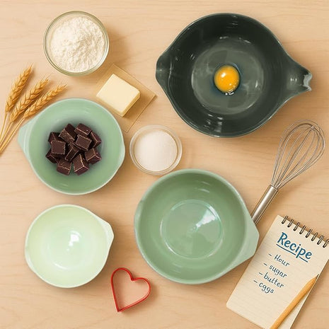 Glad Mixing Bowls with Pour Spout, Set of 4 - Nesting Plastic Bowls (1.2qt, 1.9qt, 2.8qt, and 3qt with Handle) - Non Slip Base, Dishwasher Safe Kitchen Cooking and Baking Supplies, Green