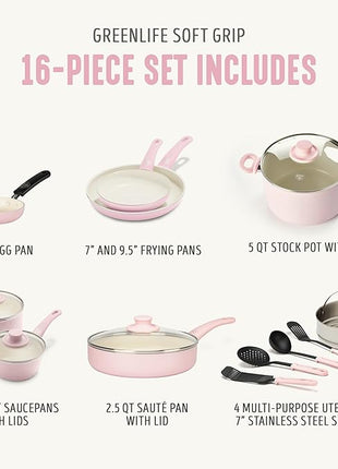 GreenLife 16 Piece Nonstick Cookware Set, Soft Grip Non-Toxic PFAS-Free Ceramic Pots & Pans, Dishwasher & Oven Safe, Frying, Sauce, Saute, Utensils, Glass Lids, Stay-Cool Handles, Wobble Free, Pink
