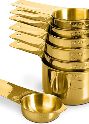 Set of 7 Heavy Duty Measuring Cups, 18/8 Stainless Steel with Ring Connector, Gold