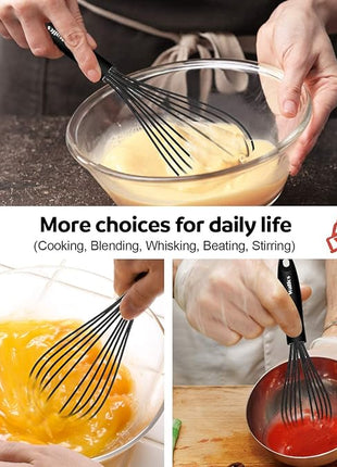 Walfos Silicone Whisk, Stainless Steel Wire Whisk - Heat Resistant Kitchen Whisks for Non-stick Cookware, Balloon Egg Beater Perfect for Blending, Whisking, Beating, Frothing & Stirring, 8.5", Black
