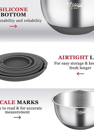 Wildone Mixing Bowls with Airtight Lids, 22 PCS Stainless Steel Mixing Bowls Set, 3 Grater Attachments, Measurement Marks & Non-Slip Bottom, Size 5, 4, 3, 2,1.5, 0.63QT, Ideal for Mixing & Prepping