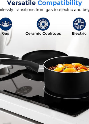 SereneLife Kitchenware Pots & Pans Basic Kitchen Cookware, Black Non-Stick Coating Inside, Heat Resistant Lacquer (15-Piece Set), One Size