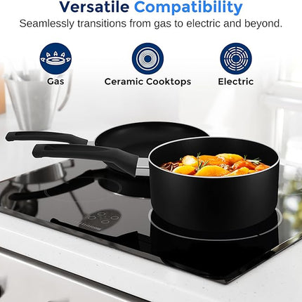 SereneLife Kitchenware Pots & Pans Basic Kitchen Cookware, Black Non-Stick Coating Inside, Heat Resistant Lacquer (15-Piece Set), One Size