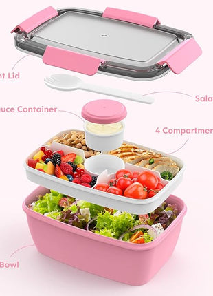 Cherrysea 2Pack Salad Lunch Container, 68oz Salad Bowls with 4 Compartments Tray,Leak Proof Lunch Box with Fork for Men,Women BPA-Free Snack Container with Sauce Container for Dressings-Pink