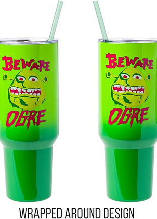 Silver Buffalo Shrek Beware Ogre Stainless Steel Tumbler with Handle and Straw, Fits in Standard Cup Holder, 40 Ounces