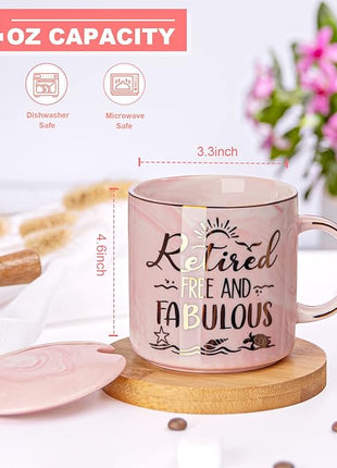 Retirement Gift for Woman 2025 - Retirement Gifts for Women, Coworker Leaving, Farewell, Going Away, Goodbye Gifts, Retired Free And Fabulous -14oz Pink Marble Coffee Mug, Gift Box