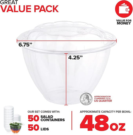 Stock Your Home Plastic Bowls with Lids (50 Count) 48 Oz. Disposable To-Go Containers – Large Airtight Bowls for Dinner or On-the-Go Meals