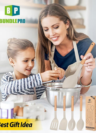 Pack of 4 Silicone Cooking Utensils Set, Non Stick Solid Spatulas and Heat Resistant Slotted Spoons with Wooden Handle, Ideal Wood Kitchen Utensils Set for Frying,Serving,Turning,Stirring (KHAKI)