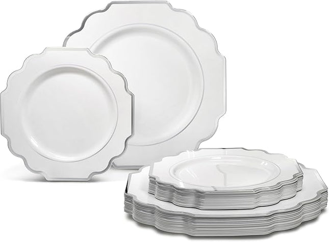 " OCCASIONS " 80 Plates Pack,(40 Guests) Heavyweight Wedding Party Disposable Plastic Plates Set -40 x 10.5'' Dinner + 40 x 8'' Salad/Dessert Plate (Imperial in White & Silver Rim)