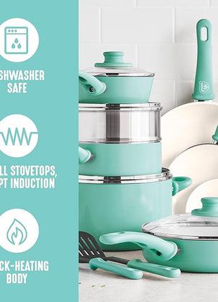 GreenLife Soft Grip 16 Piece Cookware Set, Non-Toxic PFAS-Free Ceramic Nonstick, Pots, Frying, Sauce, Saute, Glass Lids, Stay-Cool Handles, Wobble Free Bases, Dishwasher & Oven Safe, Turquoise
