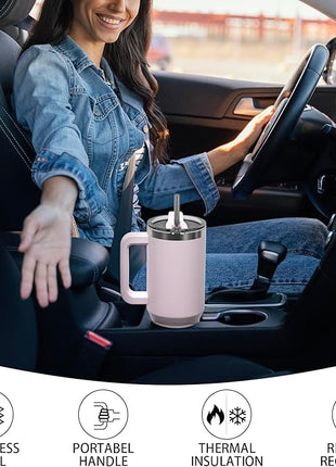 40 oz Tumbler with Handle,Tumbler with Lid and Straw,Double Wall Insulated Cup Stainless Steel Travel Mug(Cold for 34 Hours),Water Bottle for Iced Tea,Coffee,Cold Beverages(Rose Quartz)