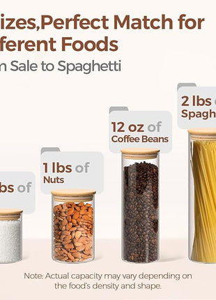 ComSaf Glass Food Storage Jars Set of 6, Clear Glass Storage Containers with Lids, Canisters Sets for the kitchen, Spaghetti, Pasta, Flour, Nuts, Oat, Coffee and Sugar Container, Pantry Organization