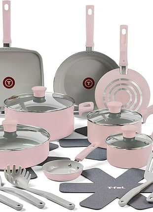 T-Fal Refresh Ceramic Pots and Pans Set, Nonstick Cookware, 20-Piece, Oven Safe to 350°F, Ceramic Cookware Set, Stockpot, Griddle, Frying Pans, Utensils, Dusty Rose