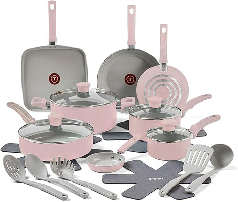 T-Fal Refresh Ceramic Pots and Pans Set, Nonstick Cookware, 20-Piece, Oven Safe to 350°F, Ceramic Cookware Set, Stockpot, Griddle, Frying Pans, Utensils, Dusty Rose