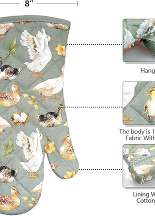 Oven Mitts Cotton Fashion Cute Teal Design 1pair Heat Resistant Oven Gloves Safe Cooking Baking Grilling Barbecue Machine Washable Pot Holders (Teal)