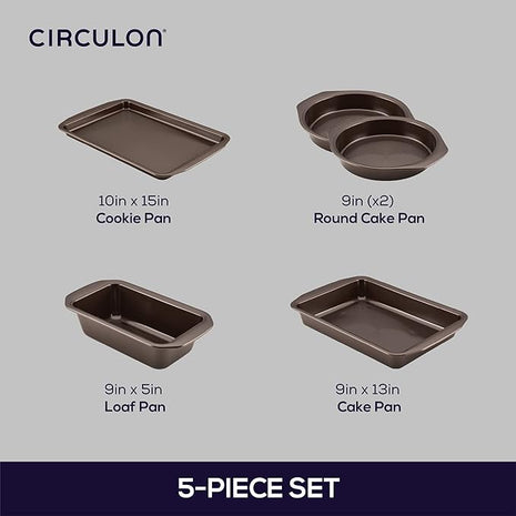 Circulon Nonstick Bakeware Set with Nonstick Cookie Sheet, Bread Pan, Bakings Pan and Cake Pans - 5 Piece, Chocolate Brown