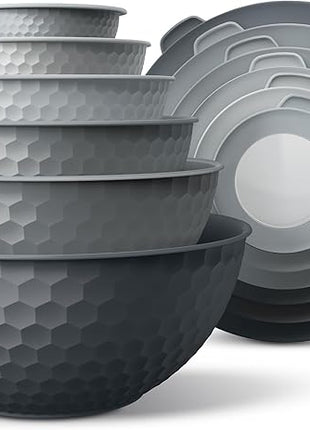 COOK WITH COLOR Mixing Bowls with Lids - 12 Piece Plastic Nesting Bowls Set includes 6 Prep Bowls and 6 Lids, Non Slip Bottom and Embossed Design - Microwave Safe (Grey)