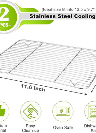 P&P CHEF Cooling Baking Rack Pack of 2, Stainless Steel Cooling Racks for Cooking Baking Roasting Grilling Drying, Dense Wires & Smooth Edge, Easy to clean, Silver, 11.6" x 9"