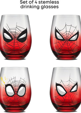 JoyJolt Marvel Spider-Man Spidey-Sense Stemless Drinking Glasses, 19oz Superhero Glass Tumblers, Set of 4 Drink Glasses, Marvel Gifts for Men and Women