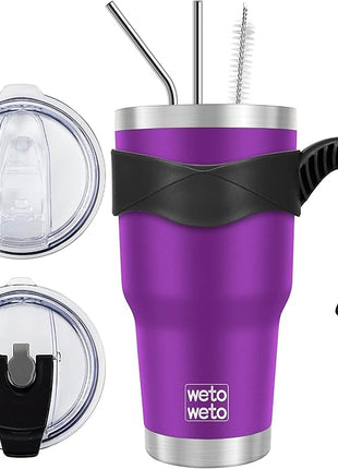 WETOWETO 30 oz Tumbler with 2 Lids and 2 Straws,18/8 Stainless Steel Vacuum Insulated Coffee Tumbler,Insulated Travel Mug Water Cup with Leak-Proof Straw Lid & Flip Lid (Purple, 1 Pack)