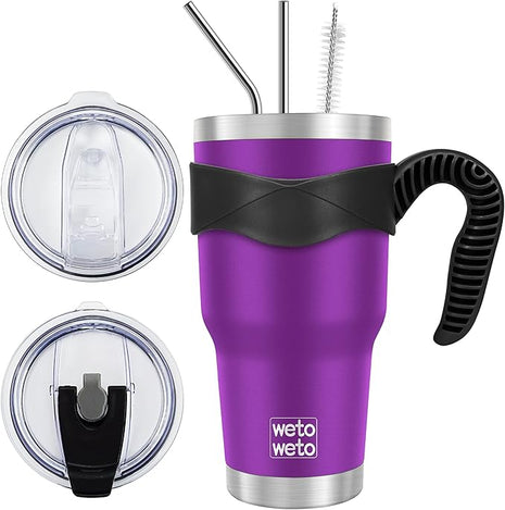 WETOWETO 30 oz Tumbler with 2 Lids and 2 Straws,18/8 Stainless Steel Vacuum Insulated Coffee Tumbler,Insulated Travel Mug Water Cup with Leak-Proof Straw Lid & Flip Lid (Purple, 1 Pack)