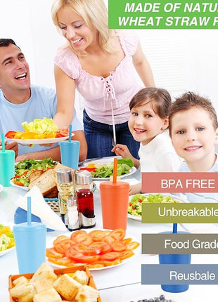 10 oz Wheat Straw Cups with Lids and Silicone Straws, Unbreakable Drinking Glasses, Plastic Cups for Kitchen, Small Tumbler Cups with Cleaning Brush, BPA Free, Dishwasher & Microwave Safe, 6 Pack