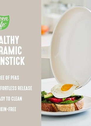 GreenLife Soft Grip 16 Piece Cookware Set, Non-Toxic PFAS-Free Ceramic Nonstick, Frying, Sauce, Saute, Utensils, Glass Lids, Stay-Cool Handles, Wobble Free, Dishwasher & Oven Safe, Cream