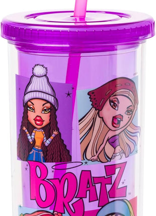 Silver Buffalo Bratz Grid Featuring Cloe, Yasmin, Jade, and Sasha Plastic Tall Cold Cup with Lid and Straw, 20 Ounces