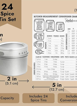 Talented Kitchen Magnetic Spice Jars - 3 oz, Stainless Steel, 24-Pack - Spice Tins with Sift & Pour Lids & Fridge Magnets for Kitchen Organization