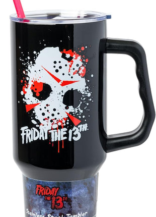 Silver Buffalo Friday The 13th Stainless Steel Tumbler with Handle Featuring Jason Voorhees’s Splatter Mask, Fits in Standard Cup Holder, 40 Ounces