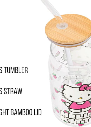 Silver Buffalo Sanrio Hello Kitty Strawberry Glass Jar Tumbler with Bamboo Lid and Glass Straw, 16 Ounces (Pack of 12)