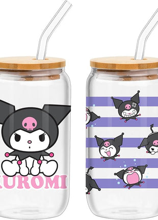 Silver Buffalo Sanrio Hello Kitty and Friends Kuromi 2 Pack Glass Jar Tumbler with Bamboo Lid and Glass Straw, 16 Ounces