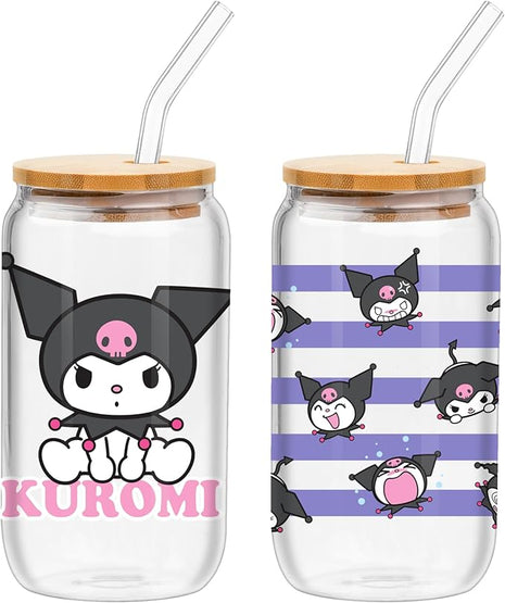 Silver Buffalo Sanrio Hello Kitty and Friends Kuromi 2 Pack Glass Jar Tumbler with Bamboo Lid and Glass Straw, 16 Ounces