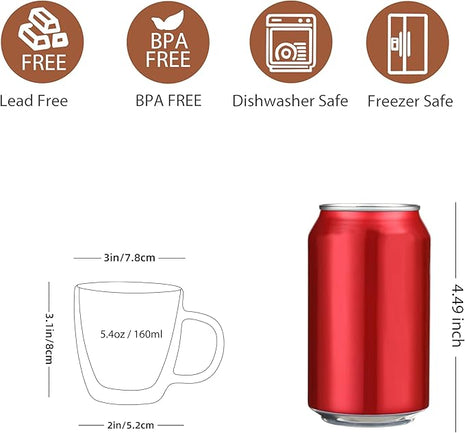 CNGLASS Insulated Espresso Glass Mugs 5.4oz/160ml, Small Clear Coffee Mugs Set of 6, Double Wall Glass Cups with Handle for Tea and Macchiato