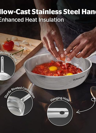 Sunhouse 9 Inch Tri-Ply Stainless Steel Frying Pan, Whole-Clad No Coatings Skillet with Stay-cool Handle for Cooking, Durable & Oven Safe to 500°F, Dishwasher Safe, Compatible with All Cooktops