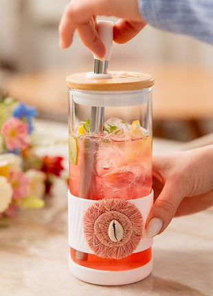 Pandaloo® Glass Cups With Lids and Straws -20 Fl Oz- Perfect Size Iced Coffee Cup - Smoothie Cup With Bamboo Lid and On the go Lid (Ethnic chic-Pink Powder, 1 Count (Pack of 1))