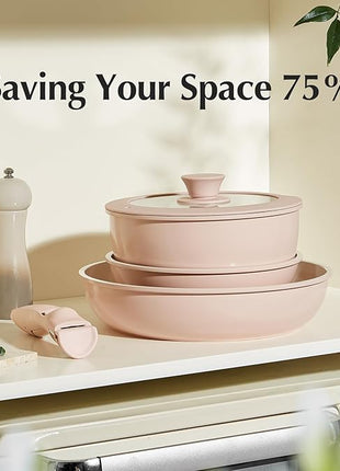 Redchef Ceramic Cookware Set, Removable Handle Pots and Pans Non-Stick, Rv Cookware Set, Non-Toxic Pots and Pans Set No PFAS, PTFE, PFOA, Detachable Pots and Pans, Dishwasher & Oven Safe (Pink)