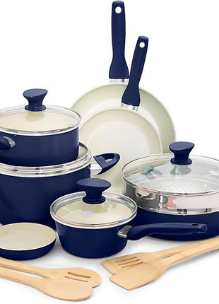 GreenPan Rio 16 Piece Cookware Set, PFOA and PFAS-Free, Healthy Ceramic Nonstick, Dishwasher Safe Easy Clean Durable Performance, Blue