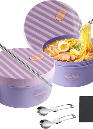 AI LOVE PEACE Ramen Bowls, 40 oz Large Microwavable Noodle Bowls (2 Purple) with Chopsticks, Sporks, and Utensil Bag, Portable Microwave Bowl for Home, Office, Dorm, or College Gift.