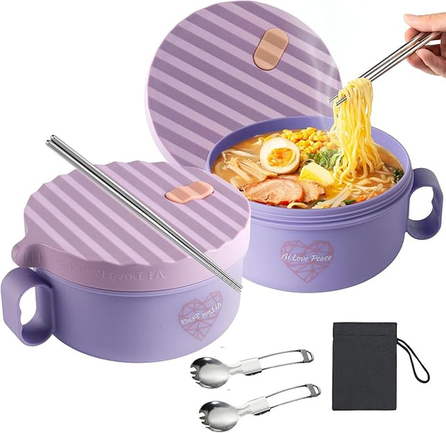 AI LOVE PEACE Ramen Bowls, 40 oz Large Microwavable Noodle Bowls (2 Purple) with Chopsticks, Sporks, and Utensil Bag, Portable Microwave Bowl for Home, Office, Dorm, or College Gift.