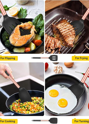 Pack of 2 Silicone Solid Turner, Non Stick Slotted Kitchen Spatulas, High Heat Resistant BPA Free Cooking Utensils, Ideal Cookware for Fish, Eggs, Pancakes(Rose Gold Black)